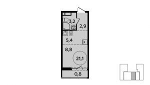 1-комнатная квартира 21,1 м²