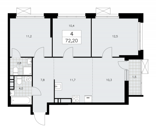 Многокомнатная, 72.2 м²