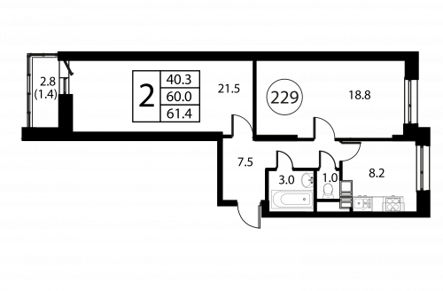 2-комнатная, квартира, 61.4 м²