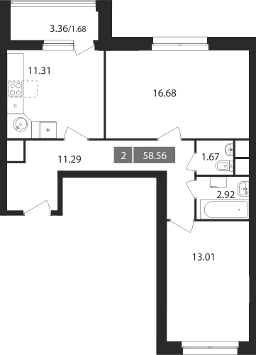 2-комнатная, квартира, 58.56 м²