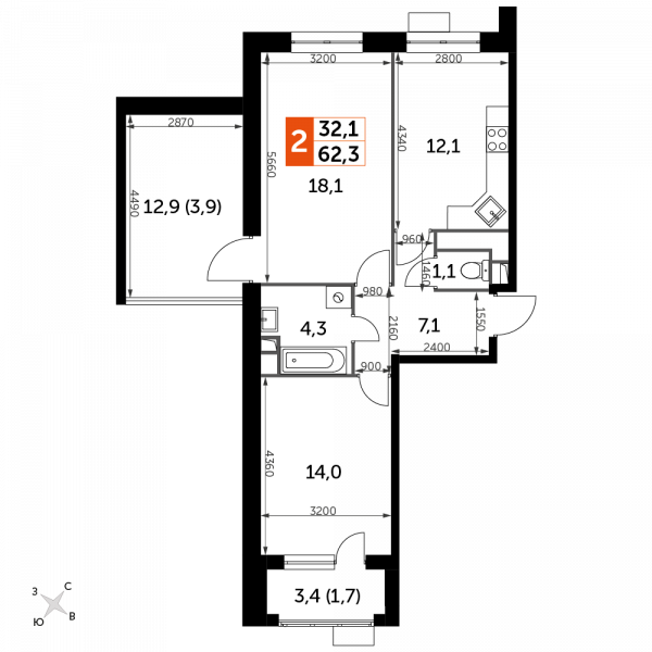 2 комнаты до 62.3