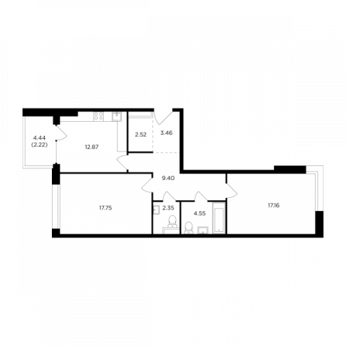 2-комнатная, 72.28 м²
