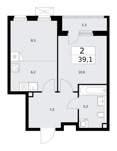 2-комнатная, 39.1 м²