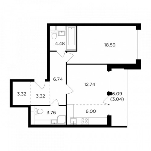 2-комнатная, 61.99 м²