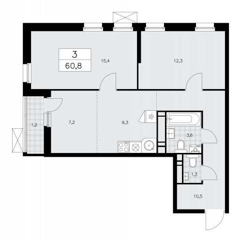 3-комнатная, 60.8 м²