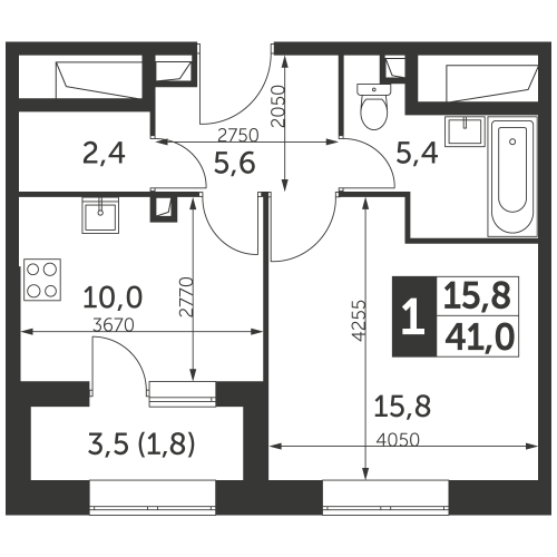1-комнатная, квартира, 41 м²