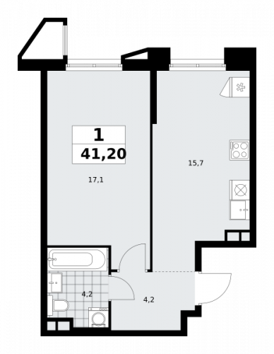 1-комнатная, 41.2 м²