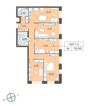 Многокомнатная, квартира, 102.6 м²
