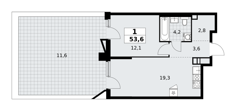 1-комнатная квартира №58К-7.1.4-551, 53,6 м² за 14,04 млн руб. в ЖК «Прокшино» - планировка