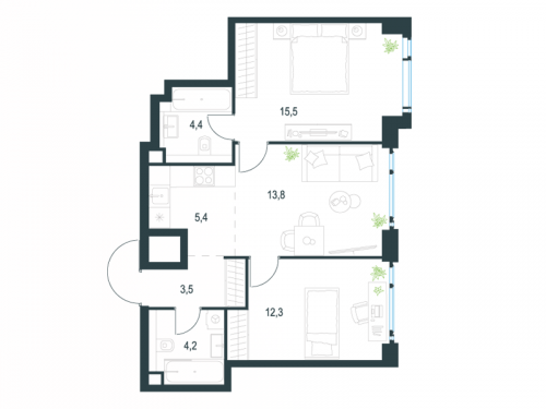 3-комнатная, 59.1 м²