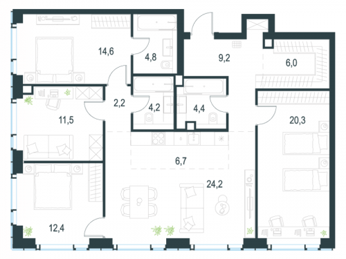 Многокомнатная, 120.5 м²