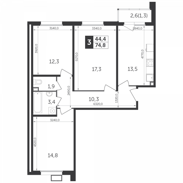 3 комнаты до 74.6