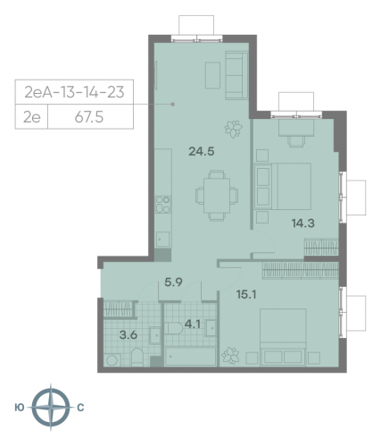 2-комнатная, квартира, 67.5 м²
