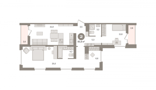 2-комнатная, квартира, 85.84 м²