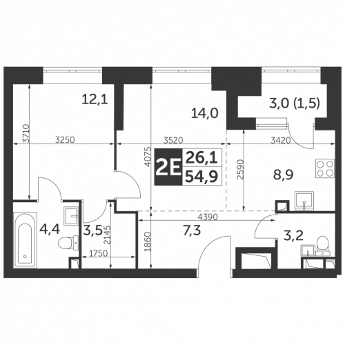 2-комнатная, квартира, 54.9 м²