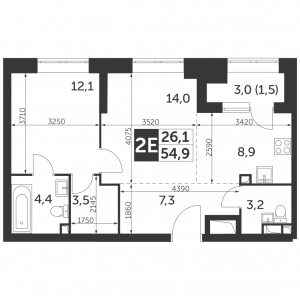 2 комнаты до 54.9
