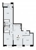3-комнатная квартира 74,1 м²