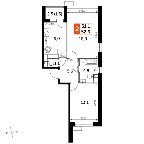 2-комнатная, 52.9 м²