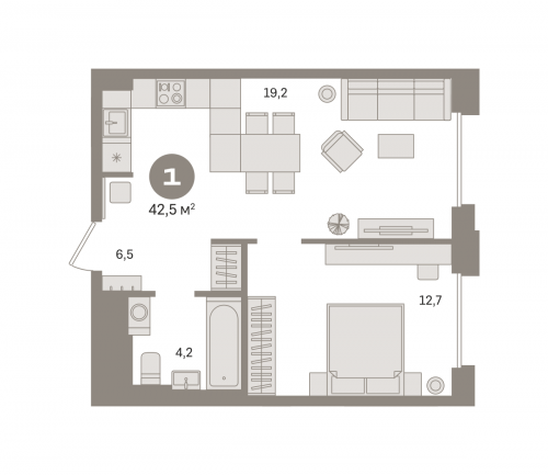 1-комнатная, квартира, 42.48 м²