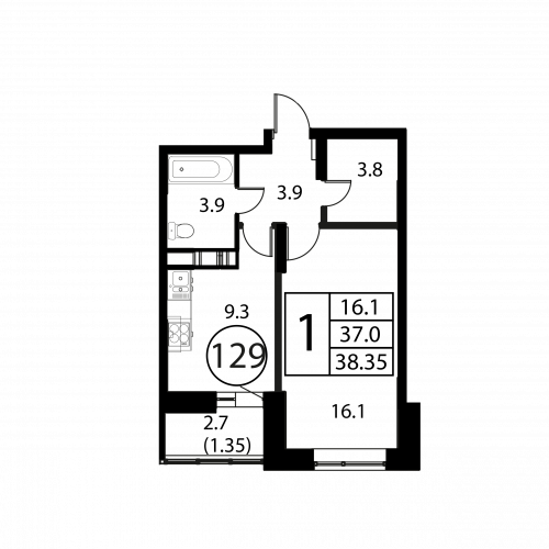 1-комнатная, квартира, 38.35 м²