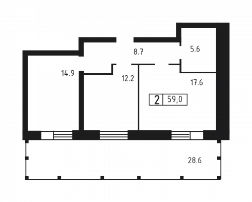 2-комнатная, квартира, 59 м²