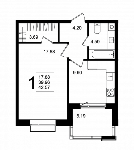 1-комнатная, квартира, 42.56 м²