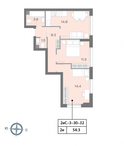 2-комнатная, квартира, 54.4 м²