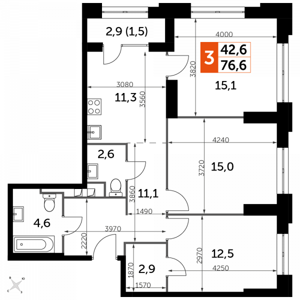 3 комнаты до 76.6