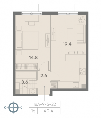 1-комнатная, квартира, 40.4 м²