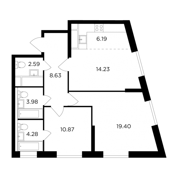 3-комнатная квартира №534, 70,2 м² за 28,48 млн руб. в ЖК «КутузовGRAD II» - планировка