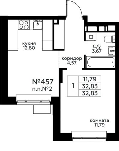 1-комнатная, 32.83 м²