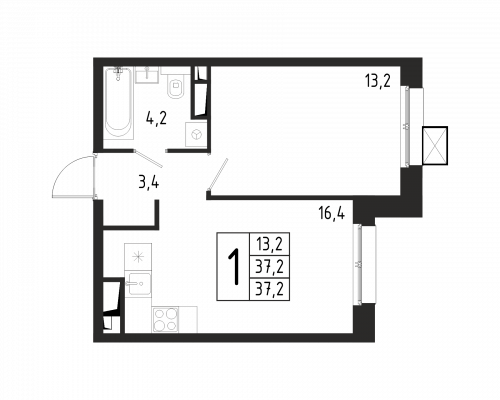 1-комнатная, квартира, 37.2 м²
