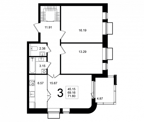 3-комнатная, квартира, 71.6 м²