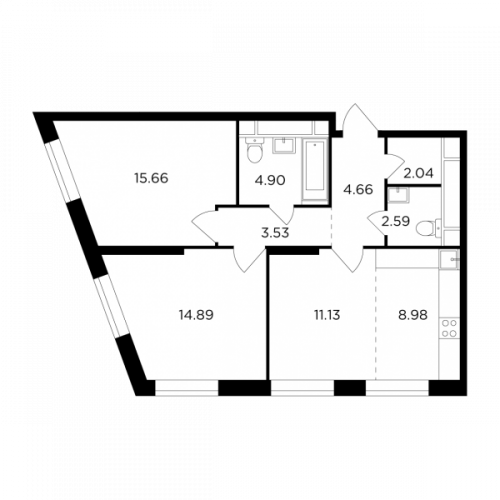 3-комнатная, 68.38 м²