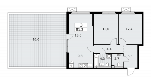 3-комнатная, 81.2 м²