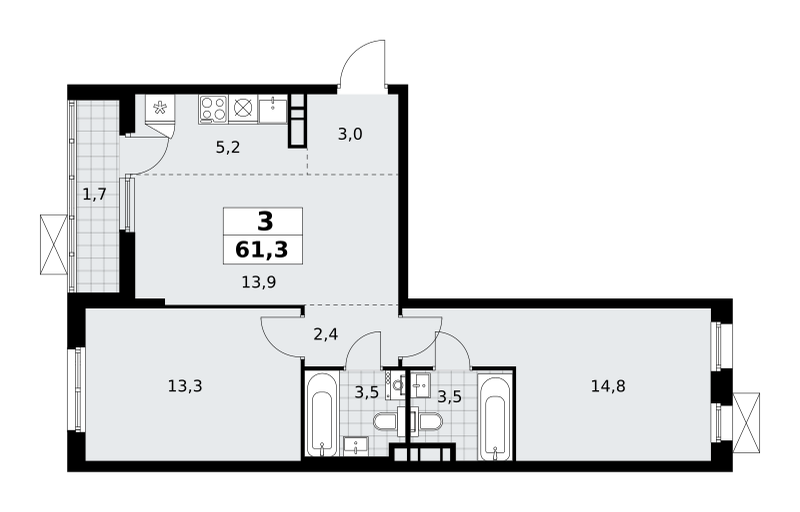 3-комнатная квартира №58К-7.1.1-85, 61,3 м² за 16,68 млн руб. в ЖК «Прокшино» - планировка