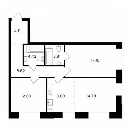 3-комнатная, 75.19 м²