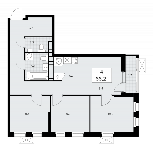 Многокомнатная, 66.2 м²