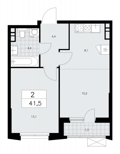 2-комнатная, 41.5 м²