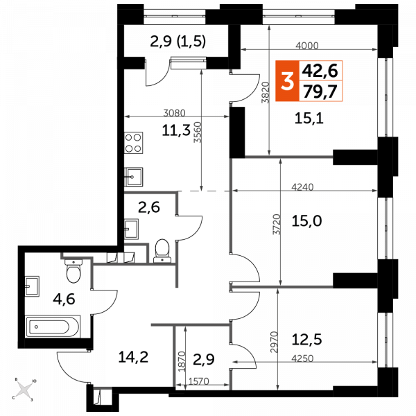 3 комнаты до 79.7