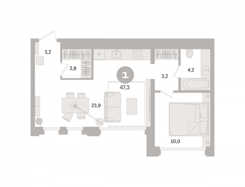 1-комнатная, квартира, 47.3 м²