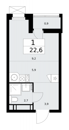 1-комнатная, 22.6 м²
