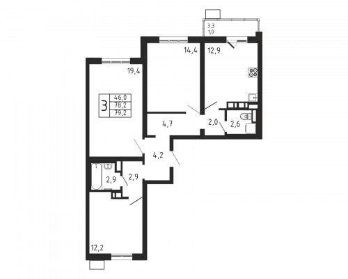 3-комнатная, квартира, 79.2 м²