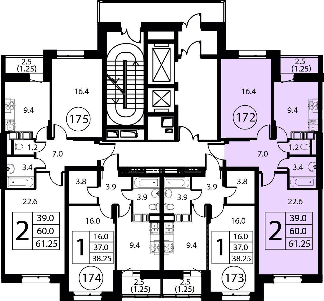 2-комнатная квартира №172, 61,3 м² за 9,37 млн руб. в ЖК «Космос» - планировка