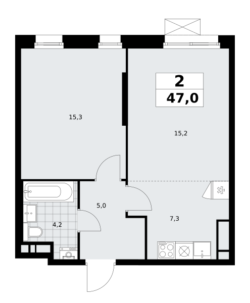 2-комнатная квартира №58К-7.1.1-151, 47,0 м² за 13,00 млн руб. в ЖК «Прокшино» - планировка
