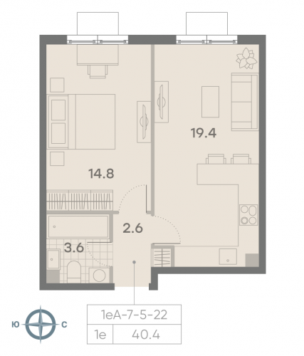1-комнатная, квартира, 40.4 м²