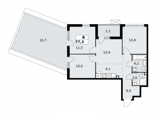 Многокомнатная, 77.3 м²