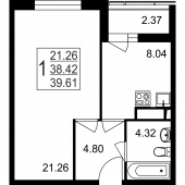 1-комнатная квартира 39,61 м²