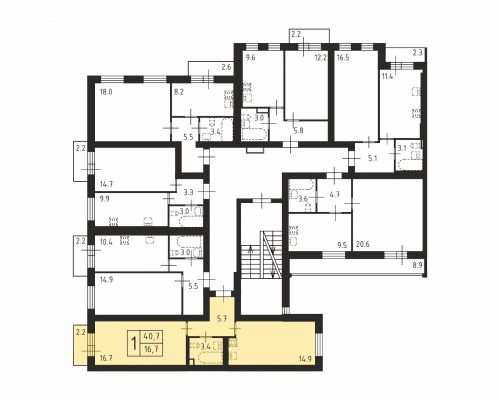 1-комнатная, квартира, 40.7 м²