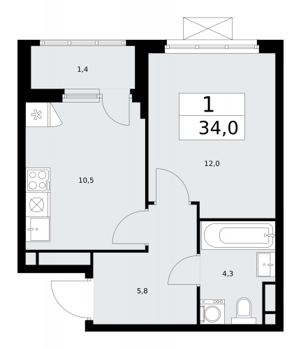1-комнатная, 34 м²
